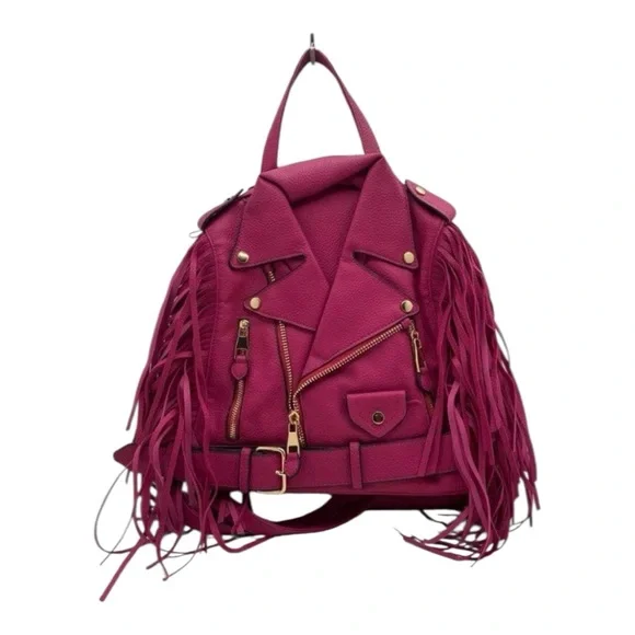 La Miel Fuchsia Pink Fringe Motorcycle Jacket Backpack Vegan Leather Bag NWT - Picture 6 of 10